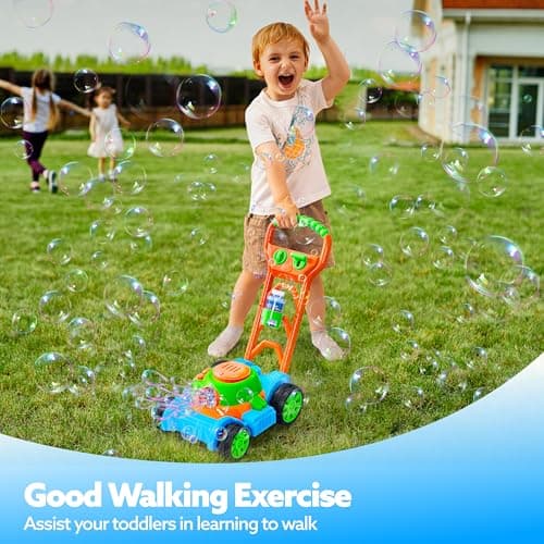 SLOOSH Bubble Lawn Mower Toddler Toys - Spill-Proof Bubble Machine Pretend Gardening Play Toy for Age 1 2 3 1-3 Year Old Baby Boys Indoor Outdoor Use, Push Toys Xmas Christmas Birthday Gifts (Blue)