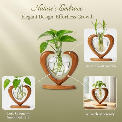 Rooting Vase for Cuttings, Plant Terrarium, Air Plant Holder, Plant Lovers Mom Wife Gift Home Office Christmas Tabletop Decor Plant Propagation Station, Heart Glass Vase, Solid Wooden Stand B0GL1XT2S7