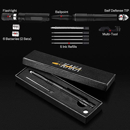 The Most Loaded 6-in-1 Tactical Pen: Solves Other Brands' Weaknesses,Self Defense Tip + Flashlight + Ballpoint + Bottle Opener + Screw Driver + Hexagonal Wrench, 5 Ink Refills + 6 Batteries + Gift Box B07RDGN4HD
