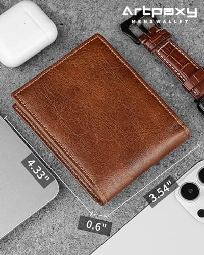 Artpaxy Mens Wallet Genuine Leather Bifold RFID Blocking Wallet for Men with 1 ID Window 13 Card Holders 2 cash pockets 1 Gift Box
