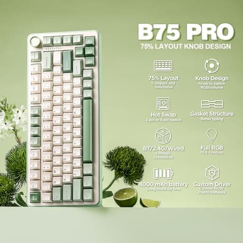 YUNZII B75 PRO Wireless Mechanical Keyboard,75% Layout with Knob,Hot Swap Gasket Structure,Creamy Pre-lubed Switches,RGB Backlit,Bluetooth/Type-C/2.4G for Win/Mac (Matcha Green, Cocoa Cream V2 Switch)