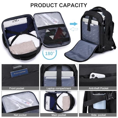 Asenlin Travel Backpack for Women and Men,Fit 15.6 Inch Carry on Backpack Flight Approved Luggage，Weekender Bag Water Resistant Laptop Backpack-Black
