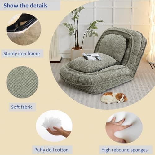 Floor Chair with Back Support, Folding Sofa Chair with 5 Adjustable Position, Plush Floor Gaming Chair, Meditation Chair for Lazy Boys, Human Dog Bed for Living Room, Bedroom, Lounge, Green