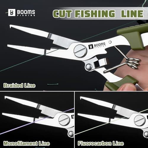 Booms Fishing H01 Small Fishing Pliers Scissors Braid Cutters Lightweight Stainless Steel Fishing Tools Split Ring Pliers Hook Remover, Green