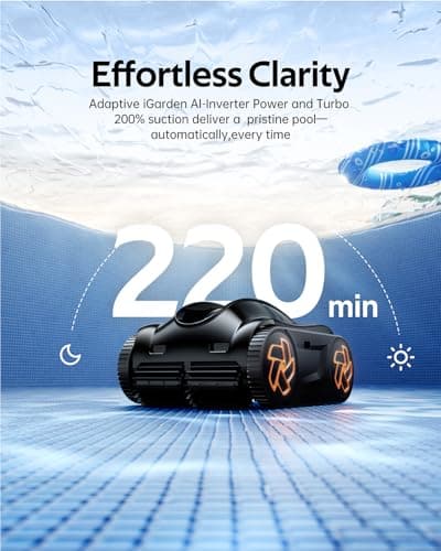 iGarden 4-in-1 Robotic Pool Cleaner, 3.6H Cordless Pool Vacuum for Inground & Above Ground Pools, Touchscreen & APP Control, Smart Navigation & Self-Parking, Cleaning Floor, Wall & Waterline, Black