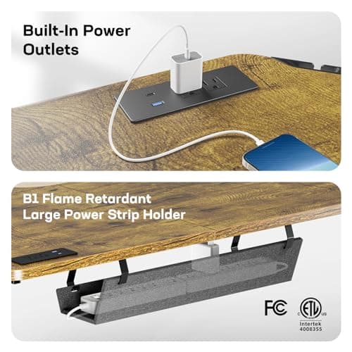 HUANUO 63″ L-Shaped Standing Desk, Built-in Power Outlets, Electric Height Adjustable Corner Computer Desk, Large Power Strip Holder, Sit Stand Up Desk with 3 Preset Heights, Vintage Brown