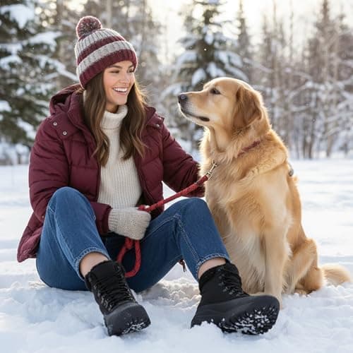 TEYTAP Waterproof Winter Snow Boots for Women丨Insulated-Warm Fur-Lined Booties丨Non-Slip Cushion Outdoor Walking Boots丨Lightweight Comfortable Casual Suede Leather Short Boots