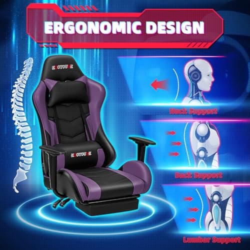 ECOTOUGE PC Massage Gaming Chair with Footrest Ergonomic Office Desk Chair Racing PU Leather Recliner Swivel Rocker with Headrest and Lumbar Pillow, Violet