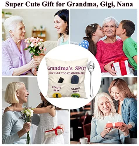 Grandma Gifts, 2-Pocket Grandma’s Spot Throw Pillow Covers 18x18 Inch + Engraved Spoon, Birthday Christmas hanksgiving Day Gifts for Grandma Mom Gigi Nana Mimi