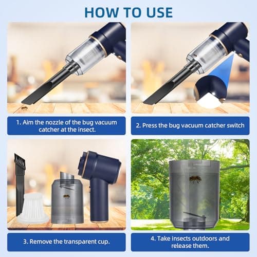 Bug Vacuum with Long Nozzle: 5 in 1 Handheld Cordless Car Vacuum Cleaner for Adults Car Home Office Garden, Rechargeable Strong Suction Insect Catcher for Spider Moth,Stink Bug (Blue)