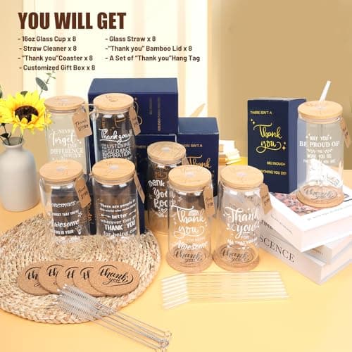 Beer glass cup, thank you gifts for staff coworker, gift box, hanging cards and coaster, birthday gift for team, men, women 8 Set Employee Appreciation Gifts Glass Cups, 16oz Can Coffee Cups B0DRN7HG9B