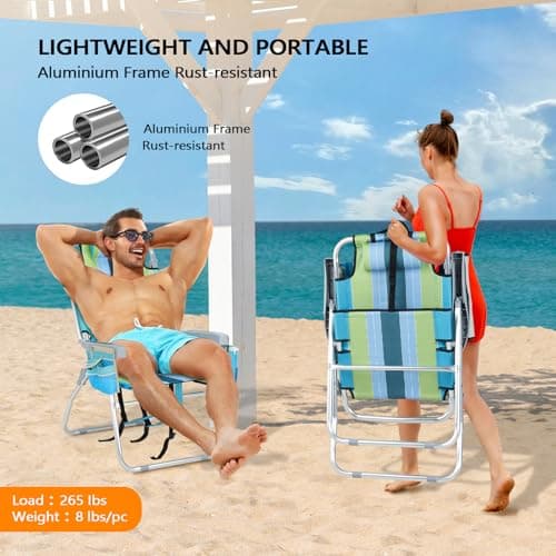 VINGLI Tall Beach Chair 2 Pack Lightweight, Backpack Beach Chair for Adults with 5-Position, Cooler Bag, Cup Holders, Towel Bar, Lightweight Folding Beach Camping Chairs (Blue/Green-16