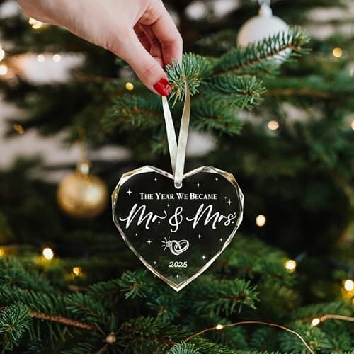 Wedding Gifts, Mr and Mrs Gift,Bridal Shower Gifts,Wedding Gift for Couples 2025, Just Married for Newlywed Couple, Bride,Crystal Glass First Christmas Married Ornament