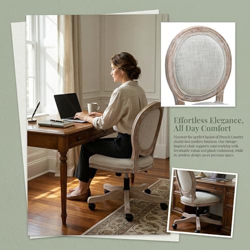 LukeAlon Vintage Linen 360° Swivel Chair, Beige Adjustable Height Task Chair, Armless Wood Frame, Round Back & Wheels for Home Office Study