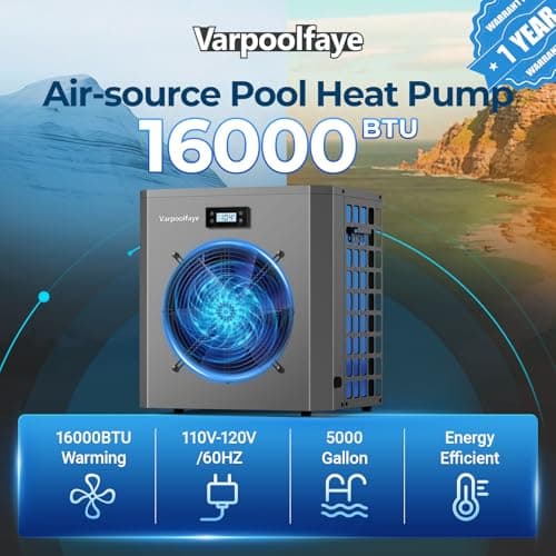16000 BTU Swimming Pool Heat Pump 5000 Gallon Electric Pool Heater for Above Ground Pool 5KW Heating or Cooling WiFi Control Timer Pool Heater 120V 60Hz