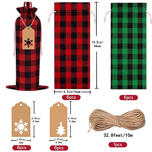 DULEFUN 12pcs Christmas Wine Burlap Bags, Xmas Wine's Bags Classic Buffalo Plaid Wine Bottle Bags Reusable Burlap Xmas wine Bottle Covers Clothes for Christmas New Year Wedding Holiday Parties