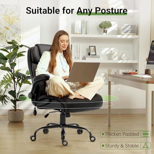 Office Chair, Big and Tall Executive Chairs with Lumbar Support for Back Pain, Breathable Desk Computer Chair with Adjustable Flip-up Armrests, Wide Cushion Swivel Home Office Chair Black PU