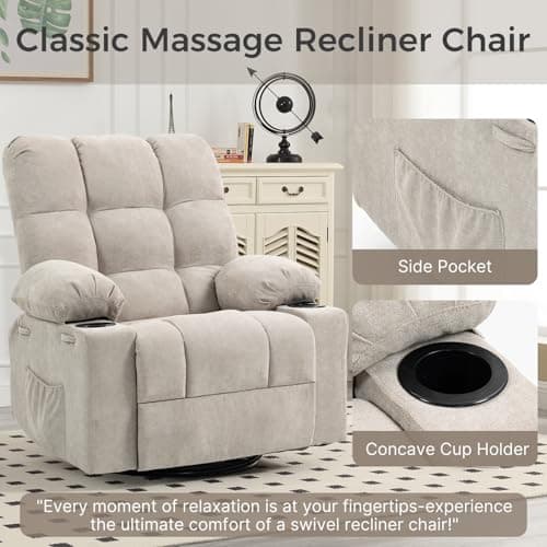 Quiet Massage Recliner Chair with Heat, 360 Swivel Rocker Glider for Nursing, Back Pain Relief, Manual Overstuffed Single Sofa with Cup Holders & Side Pockets, Oatmeal Gray