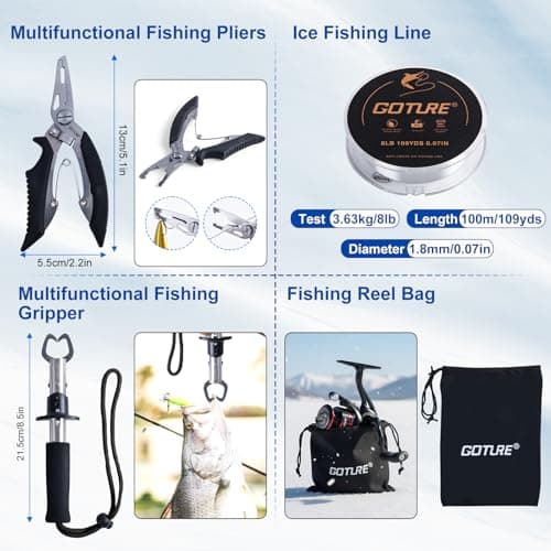 Goture Ice Fishing Rod and Reel Combo with Carry Bag, 24''Medium Spinning Ice Fishing Pole, 58Pcs Jigs & Lures with Storage Box, Line,Fish Gripper, Pliers and Tools for Trout Bass Walleye