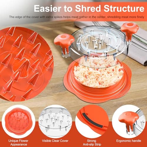 Chicken Shredder Large Chicken Breast Shredder Tool Twist with Brush&Fork, Visible Meat Shredder Machine, Anti-Slip Strip, Ergonomic Handle, BPA Free, Suitable for Pork Beef Chicken(Orange)