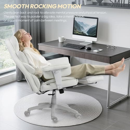 Dowinx Big and Tall Office Chair with Pocket Spring Cushion,High Back Computer Gaming Chairs with Adjustable Armrests and Lumbar Support,Executive Desk Chairs with Footrest(PU,White)