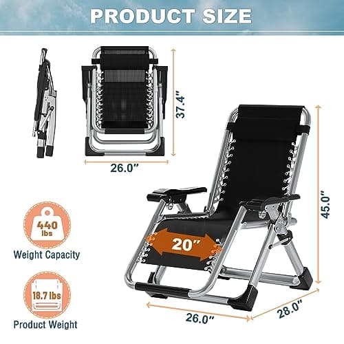 ABORON Upgrade Zero Gravity Chair/Armrest Mat,Premium Outdoor Lawn Folding Lounge Chairs,Sturdy Adjustable Reclining Patio Chairs with Removable Seating Cushion,Headrest & Tray