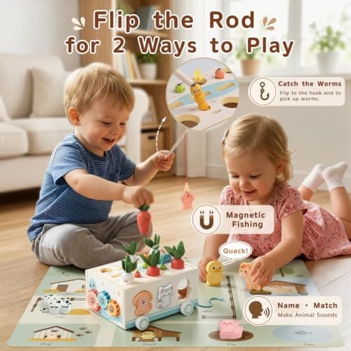 with Fishing Game, Pull-Along Storage Cart, Gears & Play Mat for Fine Motor Play First Birthday Gift for Boys & Girls Ages 1+ Fajiabao Wooden Montessori Toys for 1 Year Old, 7-in-1 Farm Activity Toy B0GL66PD6W