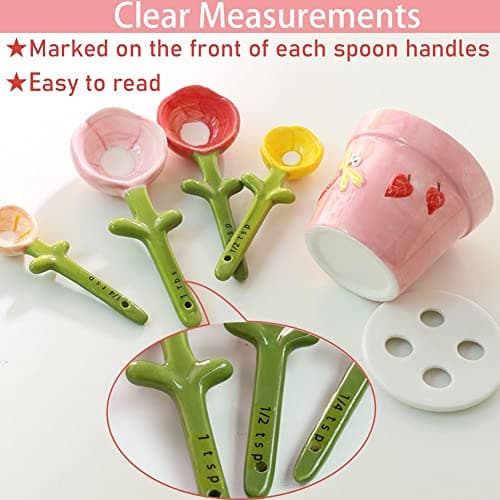 Flower Measuring Spoons Set in Pot Unique Baking Gifts Ceramic Cute Measuring Cups and Spoons with Holder for Dry Wet Ingredients Dishwasher Safe Pink B0BTX9KGZQ