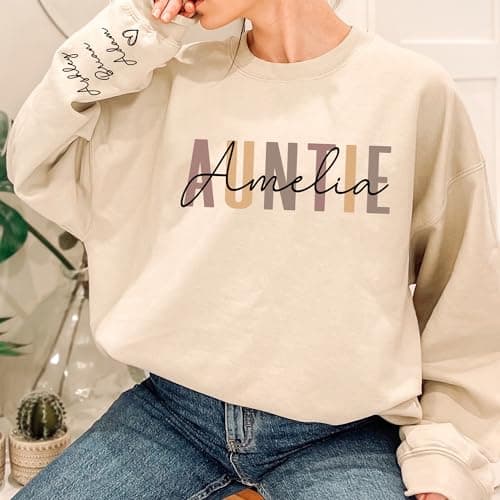 DILYPOD Personalized Auntie Name Sweatshirt, Custom Auntie with Kids Names On Sleeve, Aunt Sweatshirt, Aunt Gift, Christmas Shirt for Women, Gift for Mothers Day Womens Day Birthday