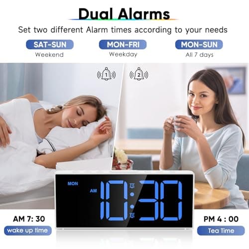 Alarm Clock with Large Display Big Numbers,5 Levels Brightness,Snooze,USB Charging Port,LED and Mirror Desk Clock,Dual Alarms Modern Electronic Clock for Bedroom Home Living Room Office. (White)