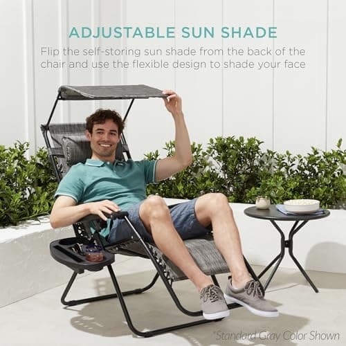 Best Choice Products 30” Wide Folding Zero Gravity Outdoor Recliner Patio Lounge Chair w/Adjustable Canopy Shade, Headrest, Side Accessory Tray - Gray