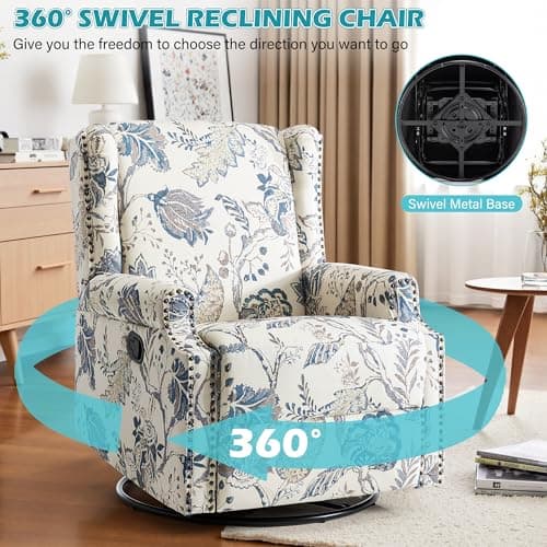 Swivel Glider Floral Recliner Chairs Set of 2, High Back Swivel Rocker Fabric Accent Chair for Living Room, Rivet Trim Upholstered Armchair Manual Sofa Seating - Plants Blue