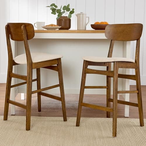Best Choice Products Bar Stool Set of 2, Modern Farmhouse Counter Height Stools w/Upholstered Cushioned Seat, Wooden Curved Backrest - Walnut/Cream