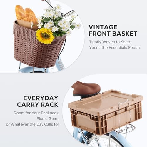 VIRIBUS Beach Cruiser Bike for Women, Single Speed Womens Bike with Basket & Rack 24 26 inch, Retro Step Through Cruiser Bicycle for Petite Short Women Female Ladies City Commuter, 330 lb.