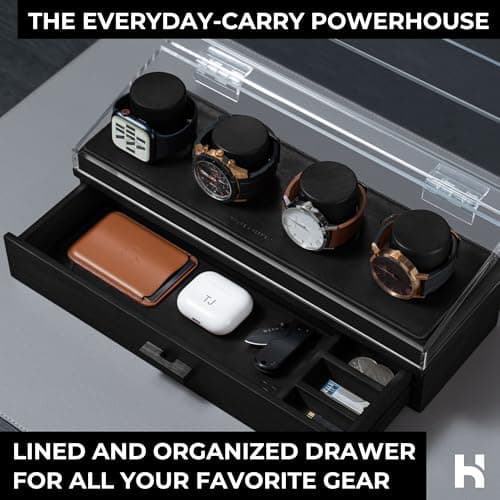 Holme & Hadfield Premium 4-Slot Wooden Watch Display Case – Handcrafted Men’s Watch Box with Accessory Drawer, Hinged Cover, Leather Lining – Birthday Gift for Collectors – Luxury Built to Last