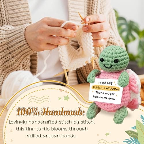 HEXMOZ Christmas Teachers Gifts for Women, Daycare, Preschool, Kindergarten - Thank You for Helping Me Grow Appreciation Gift Ideas - Cute Handmade Turtle Crochet Emotional Support with Positive Card