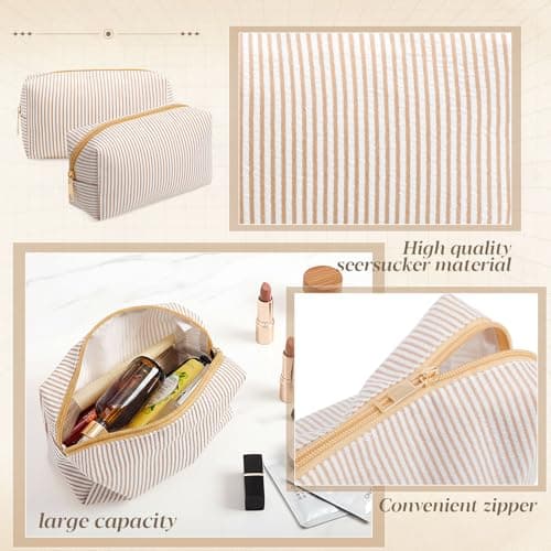 Makeup Bags Women Pouch, Large Preppy Storage Toiletry Travel Pouch for Wedding Bridesmaid Bride Favor Back to Teacher Gift Sanwuta 6 Pcs Seersucker Cosmetic Bags Bulk, Striped Zippered,Khaki B0FXMF4P4J