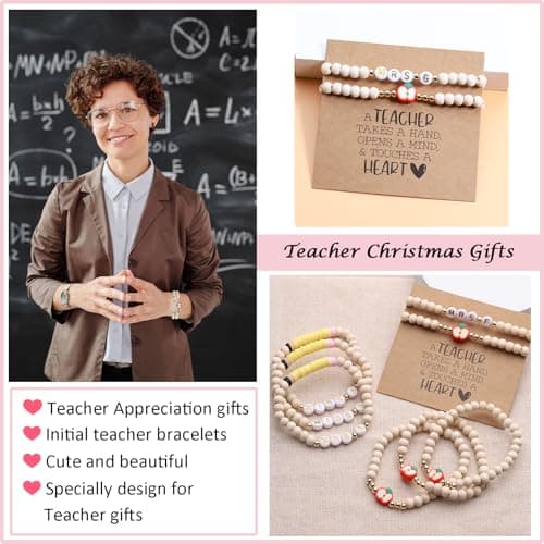 Personalized Teacher Bracelet for Women, 2 Pcs Initial Mrs Miss Ms Teacher Appreciation Gifts With Card From Student Friends, Thank You TEACH Gift for Women