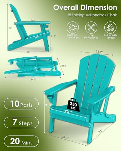 GREENVINES Folding-Adirondack-Chairs-Set-of-2 | w/Cup Holder | HDPE Plastic | All-Weather Patio Fire Pit Chairs | for Outdoor Poolside Deck | Aqua
