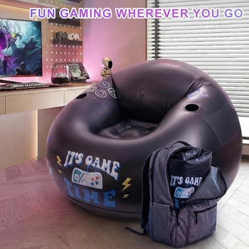 Inflatable Gaming Chair for Kids and Teens with Cup Holders and Side Pocket, Blow Up Bean Bag Gaming Chair for Boys, Comfortable Inflatable Lounge Seat for Gamer Room Decor and Boys Room Furniture
