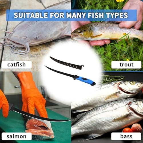 Fish Fillet Knife Set, For Trout Fishing Catfish Cleaning and Meat Cutting, Stainless Steel Blade , Includes 5", 6", 7", 9", XL 9" knife, Sharpening Rod, Glove, Towel, Storage Bag. For Kitchen, Boat