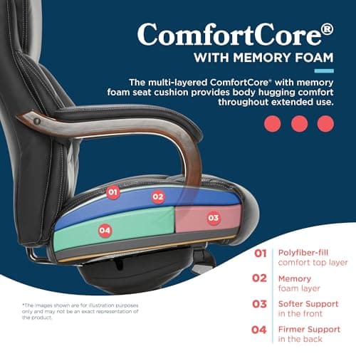 La-Z-Boy Delano Big and Tall Executive Office Chair - Ergonomic Lumbar Support Memory Foam - Bonded Leather Desk Chair for Home Office - Mahogany Wood Arms - Black