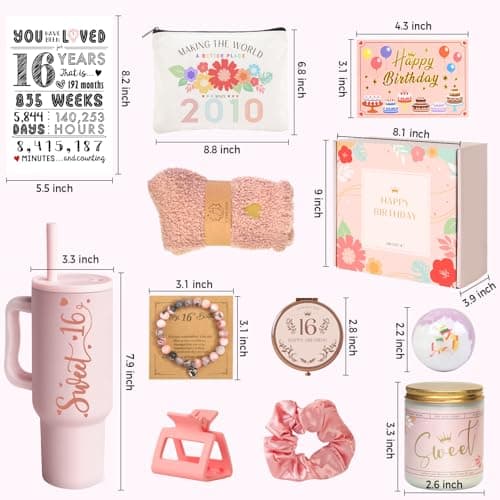Sweet 16 Gifts for Girls - 16 Year Old Girl Gifts - Happy 16th Birthday Party Decorations for Girls Pink - 11 Pieces Unique Sweet Sixteen Gift for Teen Girl, Daughter, Niece, Granddaughter