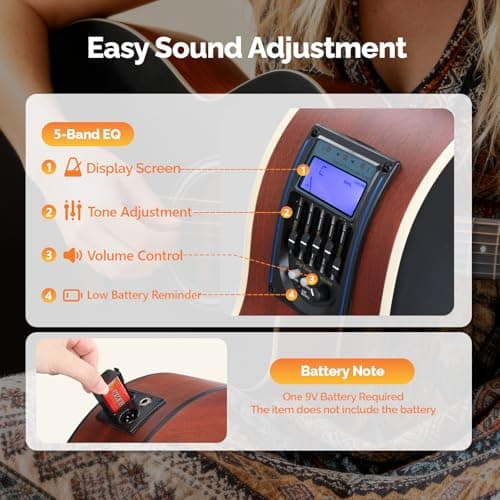 GLARRY 36in Acoustic Electric Guitar Beginner Kit with 15W Amp, 5-band EQ Dreadnought Design 6 Strings Electric Acoustic Guitar with Bag, Strap, Picks, Strings, Wrench (Black)