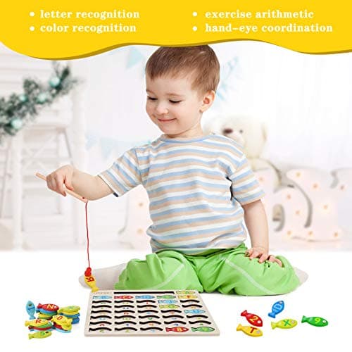 Magnetic Wooden Fishing Game Toy for Preschoolers, Alphabet Fish Catching Counting Games Puzzle with Numbers and Letters, Preschool Learning ABC and Math Educational Toys for 3 4 5 Years Old Kids B08JLSR6RN