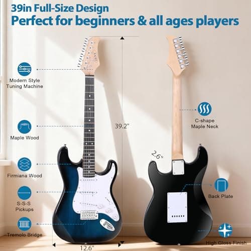 ZENY 39" Full Size Electric Guitar with Amp, Case and Accessories Pack Beginner Starter Package, Blue Ideal Christmas Thanksgiving Holiday Gift