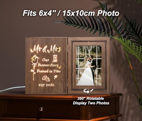 Bridal Shower Gifts for Bride Groom, Wood Wedding Photo Frames 4x6 for 2 Pictures EYITUPC Rotating Light Up Mr Mrs 2026 Wood Frame Bridal Shower Wedding Gift B0G1Y2DY35