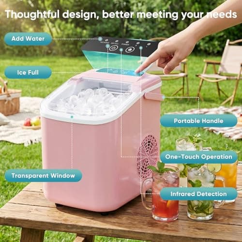 DUMOS Ice Maker Countertop, Ice Machine with Portable Handle, Basket and Scoop, 26lbs Daily, 9 Bullet Cubes in 6~8 Mins, Auto-Cleaning for Home, Kitchen, Office, Outdoors, RV Camping