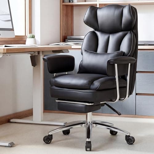 Sweetcrispy Executive Home Office Desk Chair - Ergonomic Big Tall High Back with Footrest & Lumbar Support, Reclining Height Adjustable, Comfy PU Leather Computer Gaming with Swivel Wheels, Black