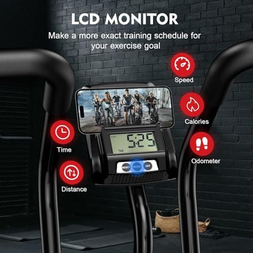 pooboo Exercise Bike, Stationary Bike for Home Gym, Air Resistance Bluetooth Fan Bike w/Dual Acction Handlebars & Dual-Layer Transmission System, Upright AirBike Indoor Cycling Bike for Cardio Workout